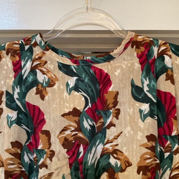 NICOLA Floral Print Blouse Pullover Long Sleeves Silky Beige Green Red, Size 10 - Picture 5 of 11